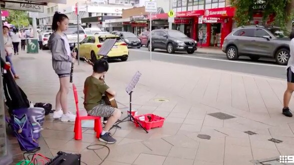 Their kids Mimi and Leo busked as part of one challenge, but Debbie wasn’t pleased with the quality of their performance. Picture: Channel 9