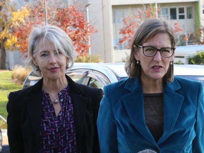 Greens MP Rosalie Woodruff and party leader Cassy O'Connor speak to the media at Carnelian Bay on Monday, May 30, 2022.