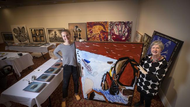 Hadley's Art Prize Winner Zoe Grey with packing team member Julie Payne after winning the Packing Room Prize. Image: Chris Kidd