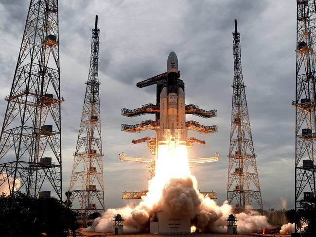 This photo released by the Indian Space Research Organization (ISRO) shows its Geosynchronous Satellite launch Vehicle (GSLV) MkIII carrying Chandrayaan-2 lift off from Satish Dhawan Space center in Sriharikota, India, Monday, July 22, 2019. India successfully launched an unmanned spacecraft to the far side of the moon on Monday, a week after aborting the mission due to a technical problem. (Indian Space Research Organization via AP)