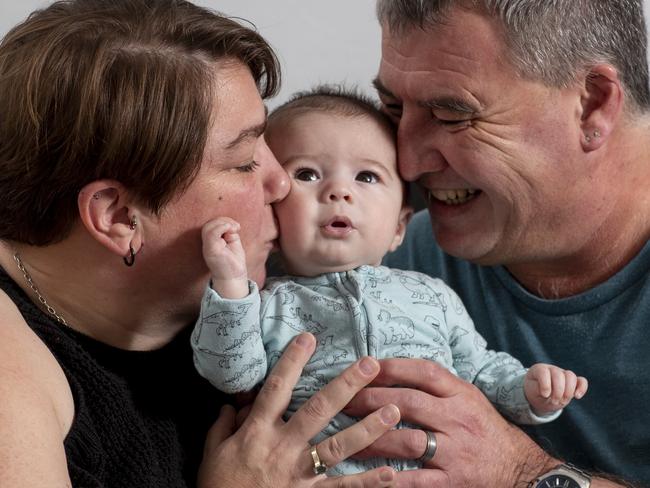 Rhianna Swan went to the hospital with stomach cramps and two hours later gave birth to her surprise baby, Caleb. Photo of Rhianna, Caleb and husband, Jason.10th September 2024. Picture: Brett Hartwig