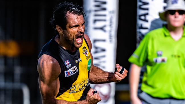 Shaun Wilson celebrates a goal for the Nightcliff Tigers in Round 14 against Southern Districts. Picture: Patch Clapp / AFLNT Media