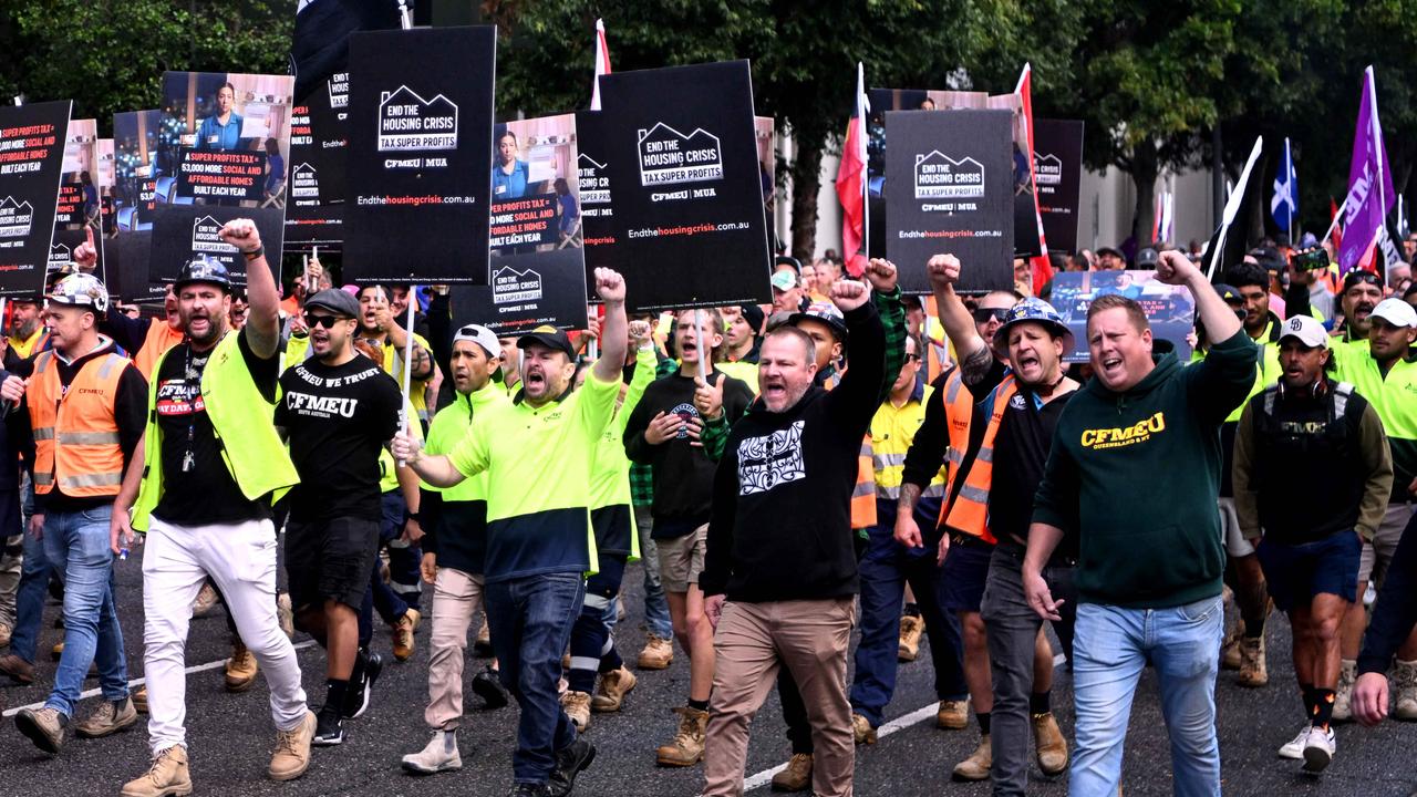 CFMEU workers are marching to put pressure of the Labor government as the ALP meets for a conference in Brisbane. Picture: Dan Peled / NCA NewsWire