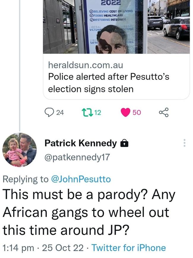 The son of Hawthorn MP John Kennedy mocks Mr Pesutto on Twitter.