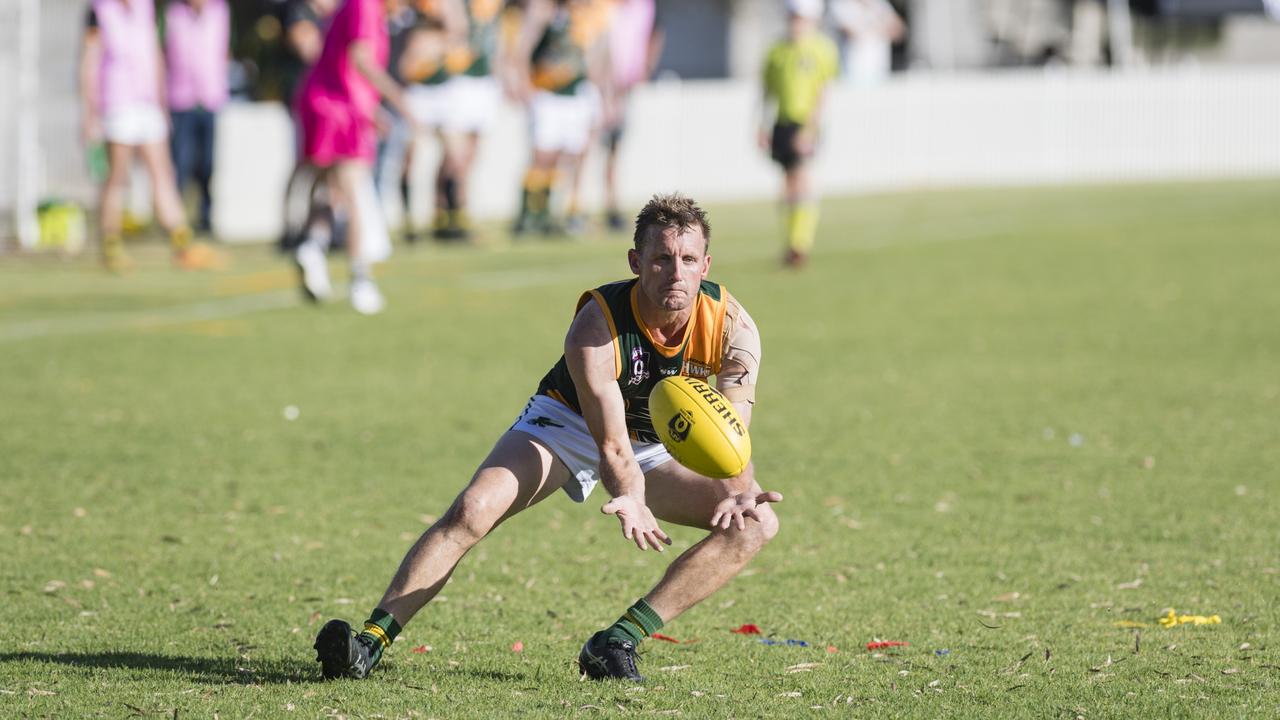 Michael Pratt of Goondiwindi Hawks against Coolaroo in AFL Darling Downs Allied Cup senior men grand final at Rockville Park, Saturday, September 2, 2023. Picture: Kevin Farmer