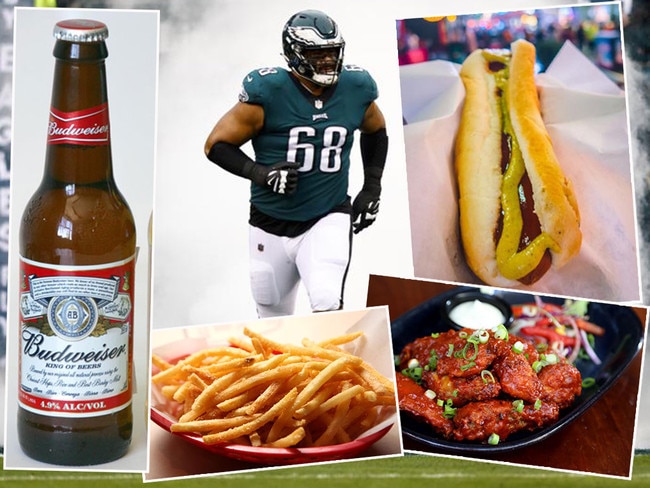 Budweiser, fries, hot dogs, buffalo wings and even an Aussie Jordan Mailata lining up in the big game: what's mot to love about the Super Bowl - even before the half-time entertainment. Pictures: Supplied