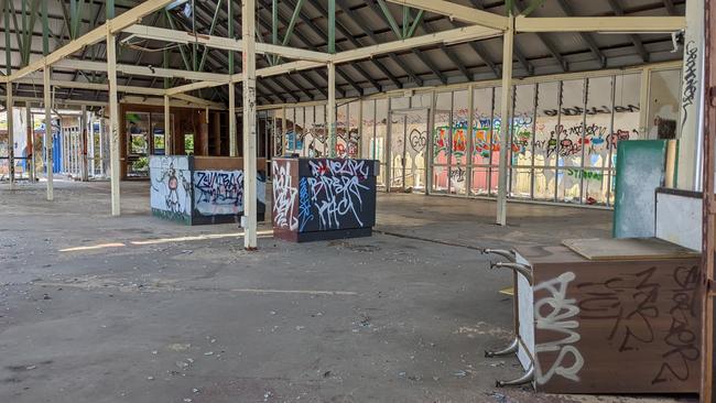 Inside the abandoned former Garage Sheds Galore building on Burwood Highway in Burwood. Picture: Kiel Egging.