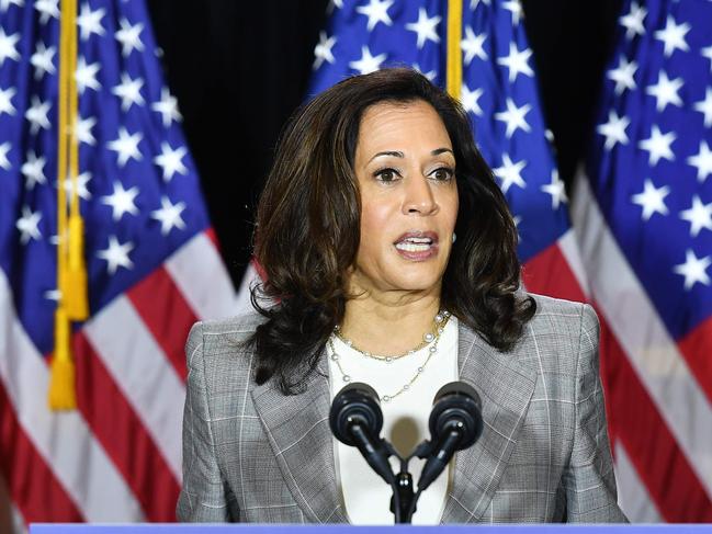 Democratic vice presidential running mate, US Senator Kamala Harris, speaks to the press after receiving a briefing on COVID-19 in Wilmington, Delaware, on August 13, 2020. (Photo by MANDEL NGAN / AFP)