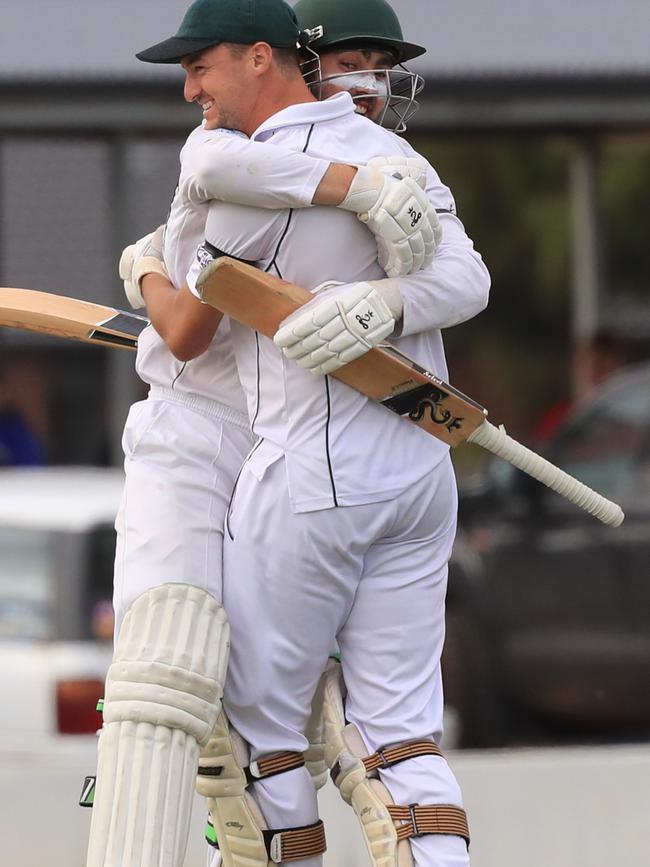 Murgheboluc batters Luke Webb and Dan Grozdanovski embrace after winning the GCA2 first grade premiership in March, 2023. Picture: Mark Wilson