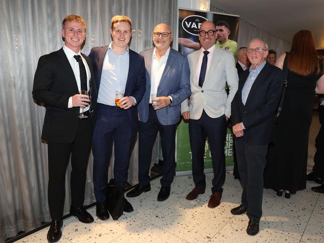 MELBOURNE, AUSTRALIA – OCTOBER 9 2024Billy Murphy, Jake Erman, Jeff Gieschen, David Veal and Lawrence Tutton (Secretary) at the VAFA Awards Night at the San Remo Ballroom in Carlton on October 9, 2024Picture: Brendan Beckett