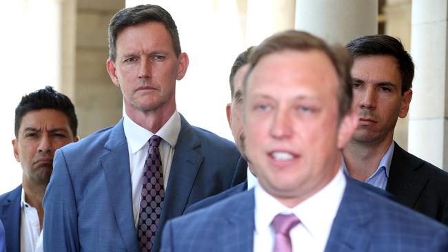 Dumped minister Mark Bailey (second from left) has been returned to Steven Miles’s shadow cabinet. Picture: David Clark