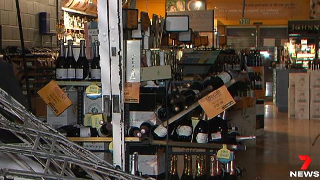 Suspects remain on the run after ramming Cellarbrations Blackwood before robbing it overnight. Picture: 7 News