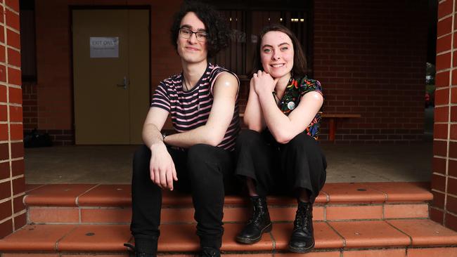 Year 11 Elizabeth College students Elliot Hay 17 and Holly Horne 16 received their first Pfizer vaccination at a clinic at the college. COVID vaccinations for students at Elizabeth College in Hobart. Picture: Nikki Davis-Jones