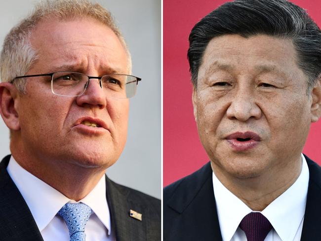 (COMBO) This combination of file photos shows Australian Prime Minister Scott Morrison (L) speaking during a press conference in Canberra on August 17, 2021; and China's President Xi Jinping (R) speaking at Macau's international airport on December 18, 2019. - Australia's Prime Minister Scott Morrison on September 16, 2021 extended an "open invitation" for talks with Chinese President Xi Jinping, after announcing a series of high-tech military purchases spurred by Beijing's growing strength. (Photo by - / AFP)