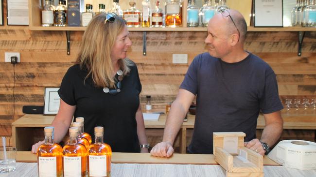 Suzy and Cam Brett at Spring Bay Distillery on Tasmania’s East Coast. Picture: SUPPLIED