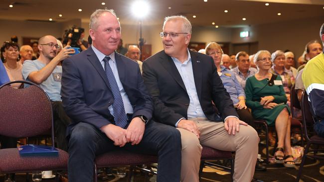 Barnaby Joyce and Scott Morrison in Rockhampton, Queensland, on Wednesday. Picture: Jason Edwards