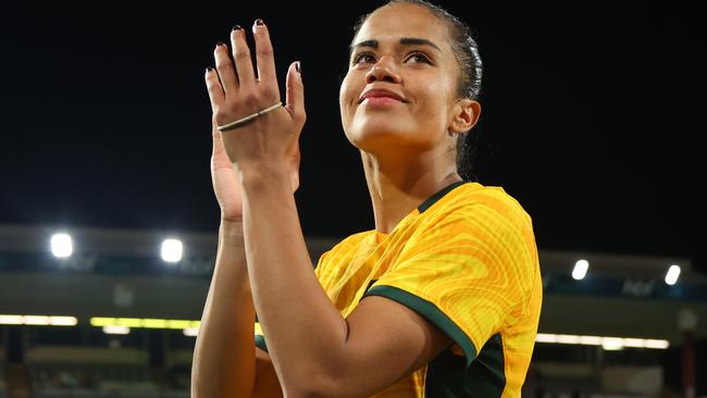 Mary Fowler of the Matildas acknowledges the crowd after the win during the AFC Women's Asian Olympic Qualifier match between Australia Matildas and Chinese Taipei at HBF Park on November 01, 2023 in Perth, Australia. (Photo by James Worsfold/Getty Images)