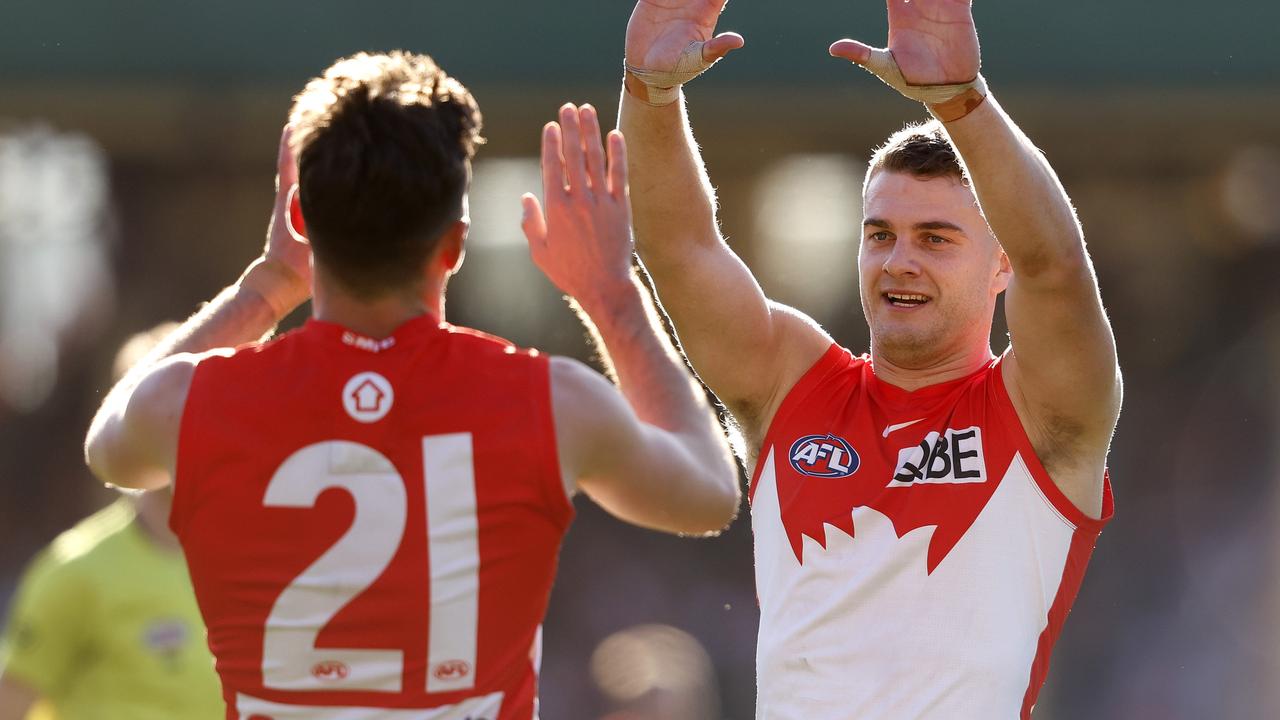 Swans Tom Papley and Errol Gulden celebrate during Saturday’s win over the Giants. Picture: Phil Hillyard