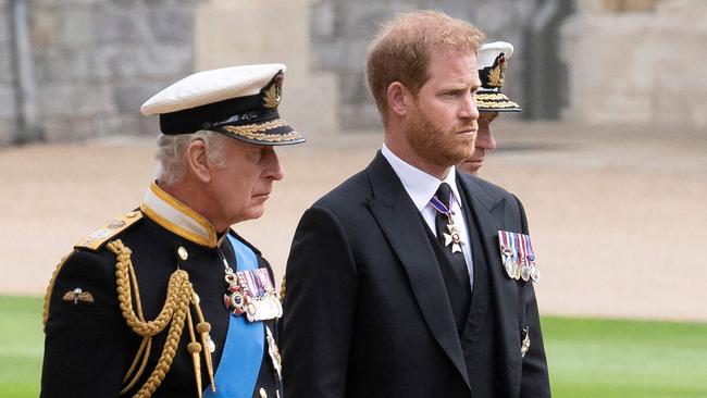 Britain's King Charles III his son Prince Harry, pictured on the day of Queen Elizabeth’s funeral. Picture: AFP