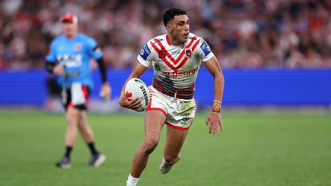 SYDNEY, AUSTRALIA - APRIL 25: Tyrell Sloan of the Dragons runs the ball during the round eight NRL match between Sydney Roosters and St George Illawarra Dragons at Allianz Stadium on April 25, 2023 in Sydney, Australia. (Photo by Mark Kolbe/Getty Images)