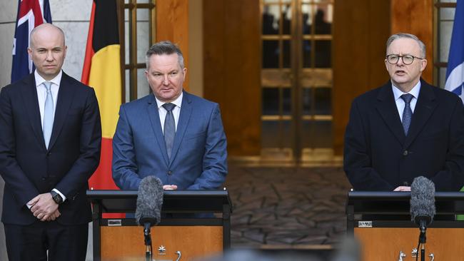 Mr Kean, left, pictured at the announcement of his new position with Energy Minister Chris Bowen, centre, and Mr Albanese. Picture: Martin Ollman