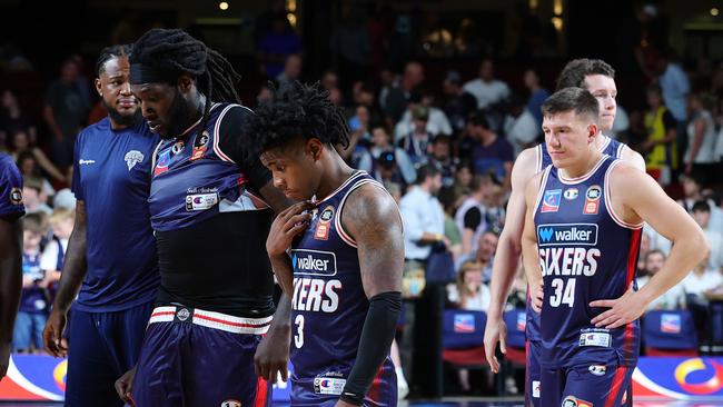 ADELAIDE, AUSTRALIA - JANUARY 31: Kendric Davis of the 36ers and Montrezl Harrell of the 36ers and Dejan Vasiljevic of the 36ers after the loss during the round 19 NBL match between Adelaide 36ers and Brisbane Bullets at Adelaide Entertainment Centre, on January 31, 2025, in Adelaide, Australia. (Photo by Sarah Reed/Getty Images)