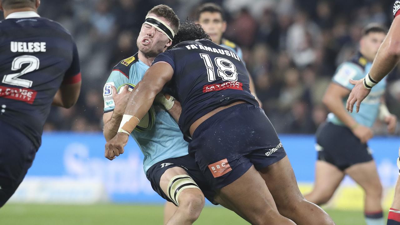 Max Douglas was twice in the firing line, as the Rebels lost two forwards to red cards as Dave Wessels’ tenure as Melbourne coach was debated. Photo: Getty Images