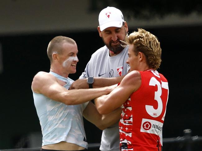 Chad Warner and his brother Corey Warner had to be separated by coach Dean Cox after Chad had put a big bump on his younger brother during the Sydney Swans match sim training session on January 24, 2025. Photo by Phil Hillyard (Image Supplied for Editorial Use only - **NO ON SALES** - Â©Phil Hillyard )