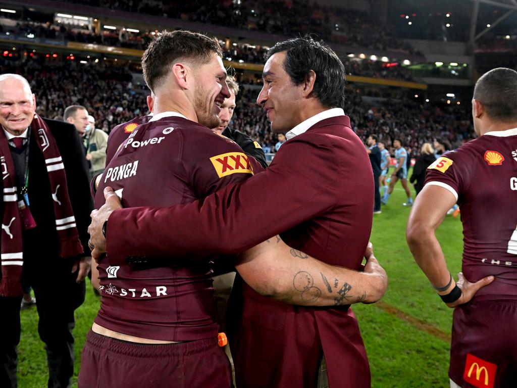 Kalyn Ponga celebrates Queensland’s 2022 State of Origin series victory with Johnathan Thurston. Picture: Getty Images