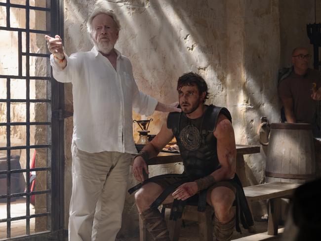 EMBARGO FOR TWAM, 26 OCTOBER 2024. FEE MAY APPLY. L-R Director Ridley Scott and Paul Mescal on the set of Gladiator II from Paramount Pictures. Photo: Aidan Monaghan / Paramount