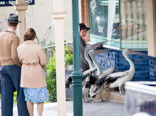 Storm Boy movie being filmed on The Strand, Port Elliot. Young actor Finn Little with pelicans. Pic: Leon Mead Photography.
