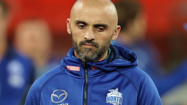 AFL Round 18. 17/09/2020.  North Melbourne vs West Coast Eagles at Metricon stadium, Gold Coast.  Rhyce Shaw, senior coach of the Kangaroos at qtr time  . Pic: Michael Klein