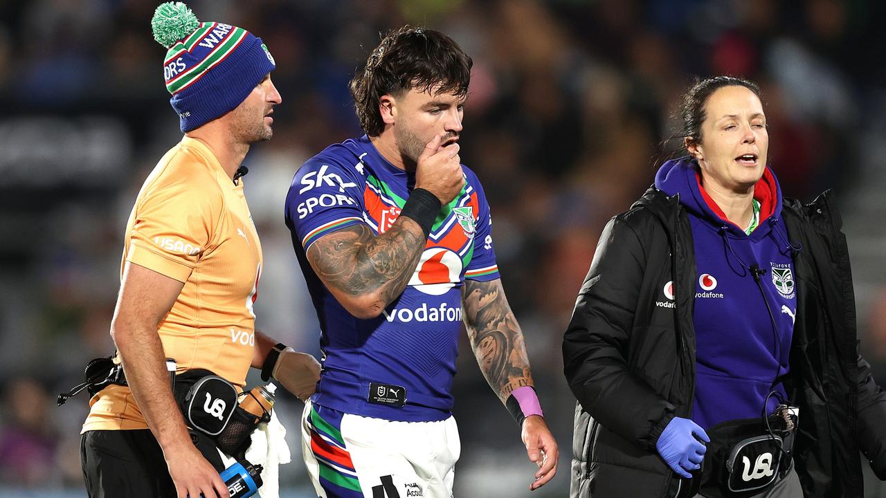 Wayde Egan left the field clutching his jaw after the tackle by Nelson Asofa-Solomona. Picture: Phil Walter/Getty Images