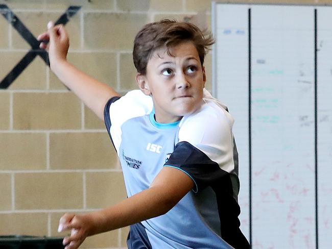 Pictured at Port Adelaide Alberton HQ are Port Adelaide's father/son academy training. Pictured is  Gavin Wanganeen's son Tex, 14yrs, and Peter Burgoyne's son Rome, 12yrs. . Picture: DYLAN COKER.