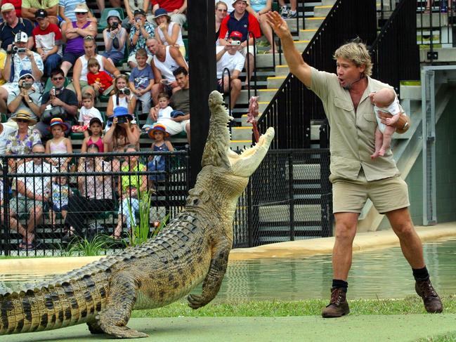 Steve Irwin in action … this moment, when the much-loved “Crocodile Hunter” fed one of his reptiles while holding son Robert in early 2004, caused an outcry. Picture: The Mega Agency