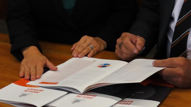 Northern Territory Chief Minister Lia Finocchiaro and Treasurer Bill Yan deliver the NT Budget 2025-26 on May 13. Picture: Fia Walsh.