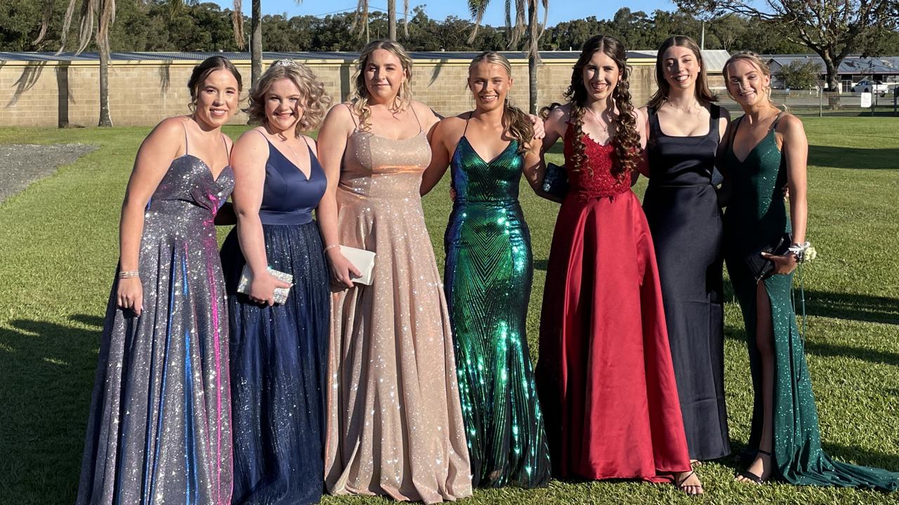 Lara Calder, Piper Rowe, Ella McKiernan, LExi French, Kaitlyn Bissett, Siena Carrett, Felicity Raymond at the St John Paul College Year 12 Formal. Picture: Matt Gazy