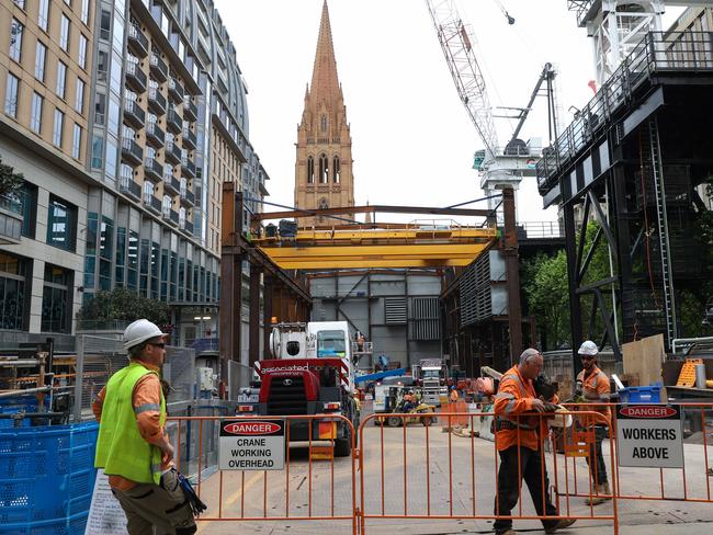 MELBOURNE, AUSTRALIA - NewsWire Photos NOVEMBER 10, 2022 : Part of the suburban rail loop can now be seen on the corner of Collins and Swanston Sts. in the CBD. Picture NCA NewsWire / Ian Currie