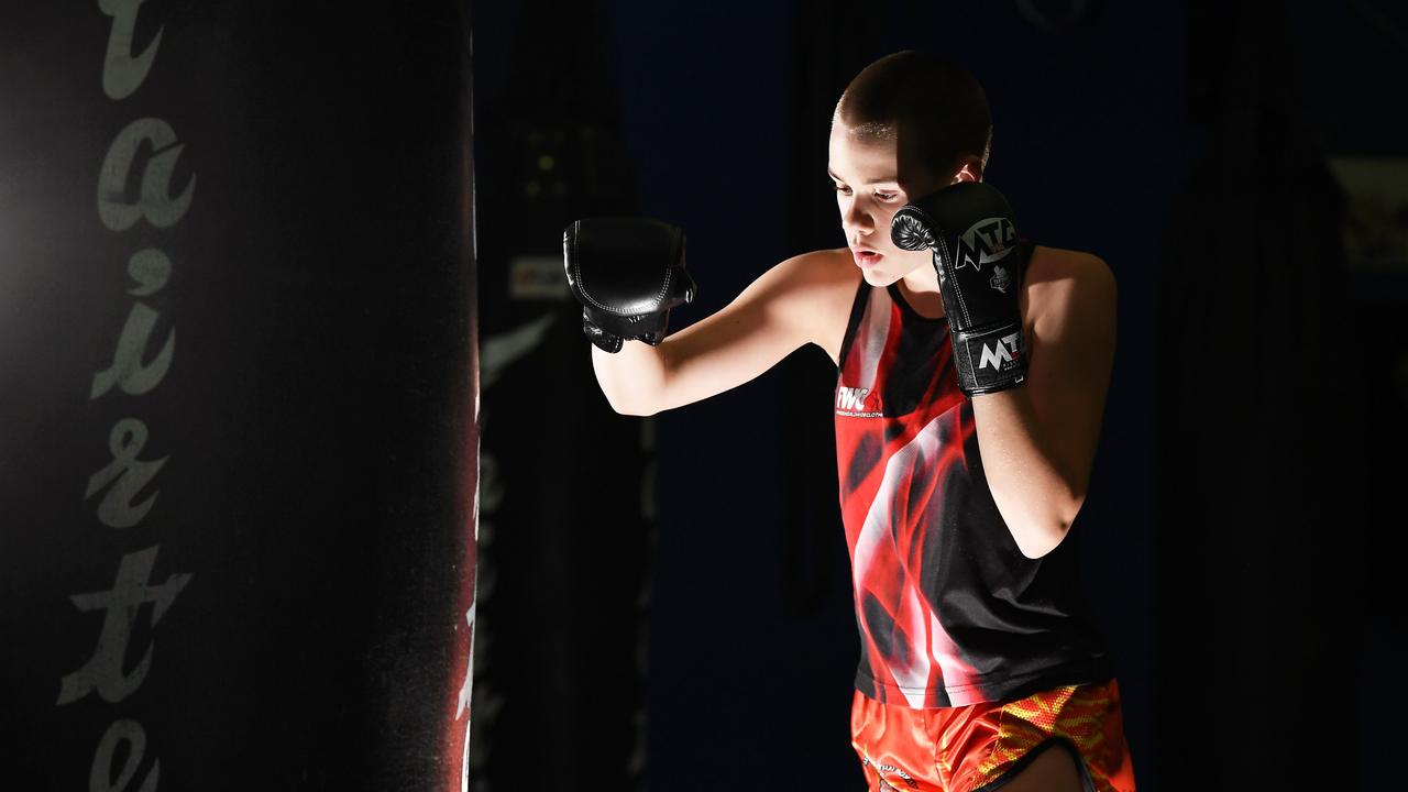 Jorja Hersey in training mode at Sunshine Coast Thai Boxing. Photo Patrick Woods / Sunshine Coast Daily.