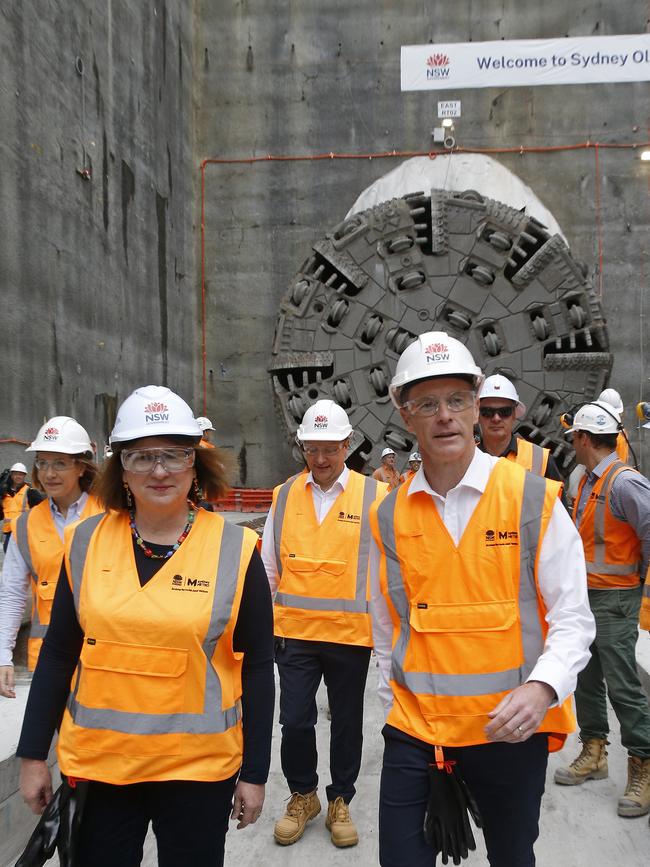 Minister for Transport Jo Haylen, Member for Parramatta Donna Davis, Minister for Planning Paul Scully and Premier Chris Minns marked the breakthrough of tunnel boring machines at the Sydney Olympic Park Metro Station. Picture: NewsWire / John Appleyard