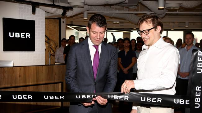 NSW Premier Mike Baird and David Rohrsheim, Australian General Manager, Uber officially opening Uber's Australian home in Sydney. Picture Chris Pavlich