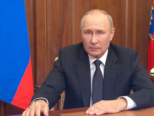 Russian President Vladimir Putin speaking during a televised address to the nation in Moscow. Picture: AFP