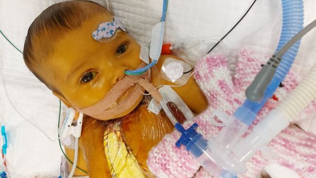 Raevyn Harper in hospital. Picture – GoFundMe.