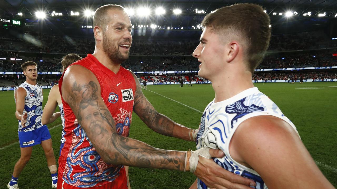 Lance Franklin and Harry Sheezel of the Kangaroos. (Photo by Darrian Traynor/AFL Photos/via Getty Images )