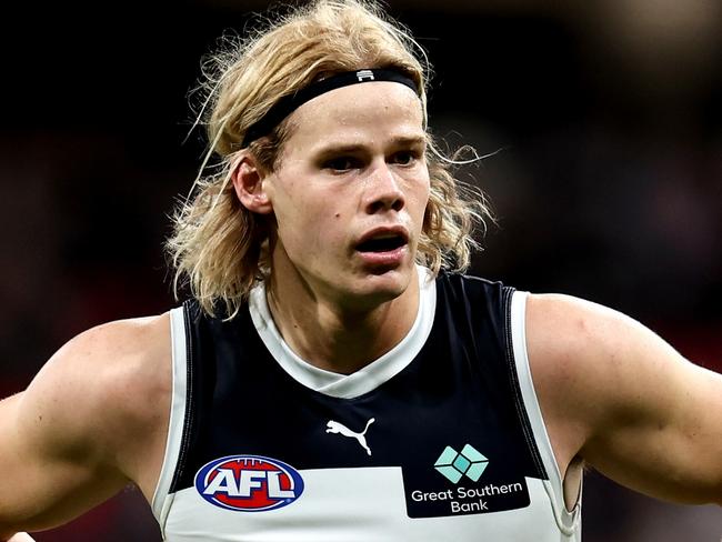 SYDNEY, AUSTRALIA - JULY 06: Tom De Koning of the Blues looks on during the round 17 AFL match between Greater Western Sydney Giants and Carlton Blues at ENGIE Stadium, on July 06, 2024, in Sydney, Australia. (Photo by Brendon Thorne/AFL Photos/via Getty Images)