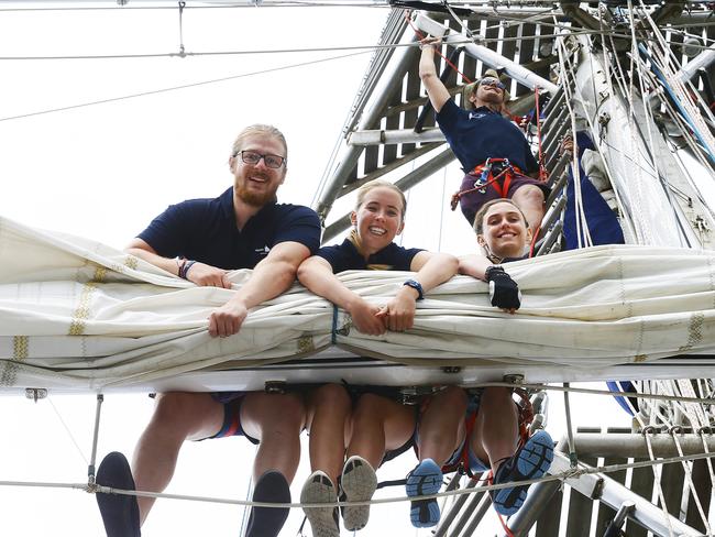 Hanging around on the Young Endeavour are, from left, Ben Simon, of Melbourne, Eliza Skorulis and Samara Carroll, of Canberra. PICTURE: MATT THOMPSON