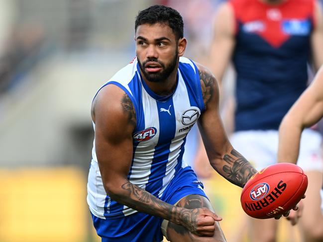 The Saints are considering recruiting former North Melbourne player Tarryn Thomas. (Photo by Steve Bell/Getty Images)