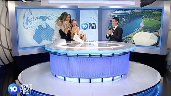 Rebecca Morse is joined by her children on set after delivering her final bulletin for 10 News First Adelaide.