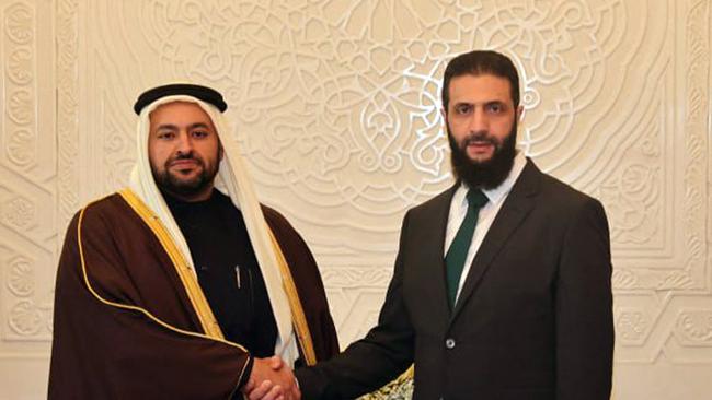 Qatar's Minister of State Mohammed bin Abdulaziz al-Khulaifi meets Syrian de facto leader Hayat Tahrir al-Sham in Damascus last week. Picture: Syrian news agency Sana via AFP