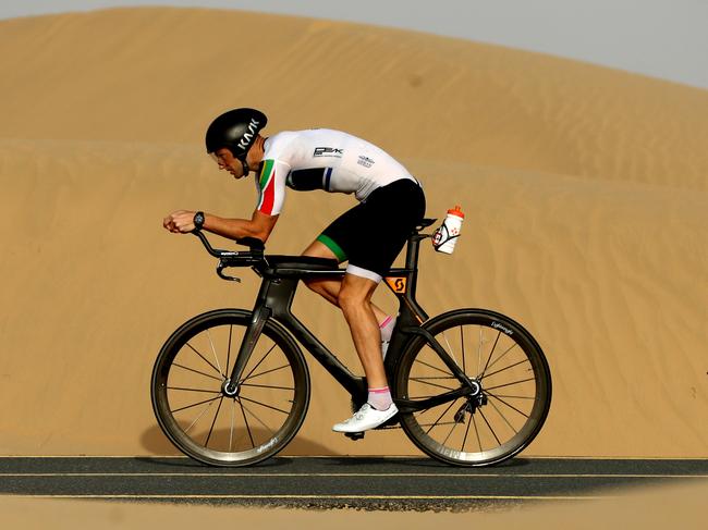 ABU DHABI, UNITED ARAB EMIRATES - MAY 14: Triathlete Brett Hallam trains at the Al Qudra Cycling Track on May 14, 2020 in Abu Dhabi, United Arab Emirates. (Photo by Francois Nel/Getty Images)